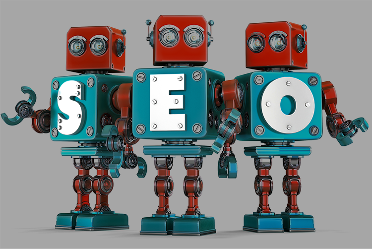 Drei retro Roboter mit jeweils einem Buchstaben auf dem Torso, Schriftzug SEO erkennbar